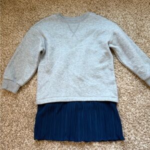 Girls Gray Sweatshirt Dress with Navy Pleated Hem